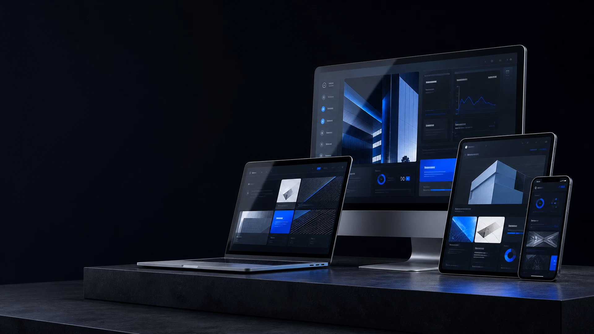 Conjunto de interfaces modernas exibidas em notebook, tablet e smartphone.