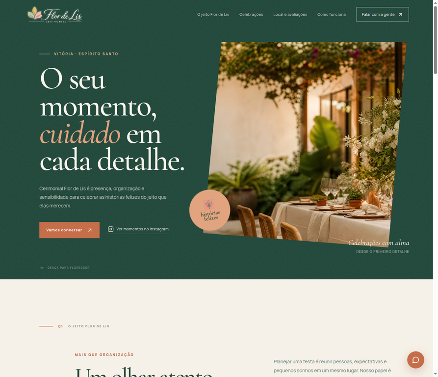 Apresentação do site Cerimonial Flor de Lis com ambiente de celebração e identidade em verde profundo.